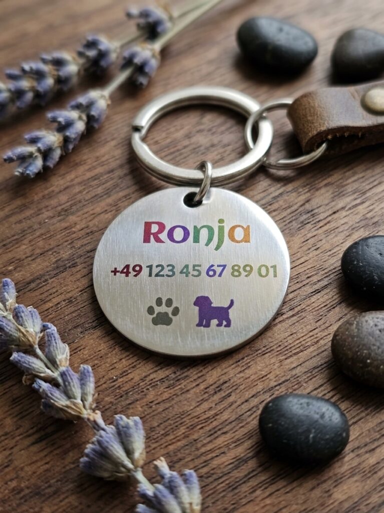 Personalisierte Edelstahl-Hundemarke (Ø 30 mm) – Schimmerndes Unikat mit UV-Lasergravur